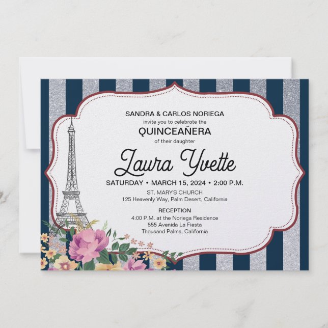 Invitation Carton d'invitation Quinceañera, Thème Paris, Tour (Devant)