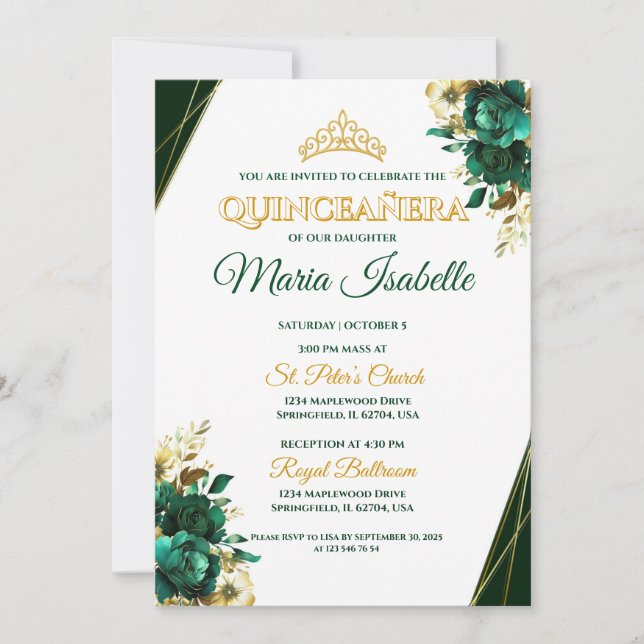 Invitation Carton d'invitation Quinceañera Vert Emeraude et O (Devant)