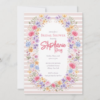 Invitation Carton d'invitation rayé avec cadre de fleurs de j