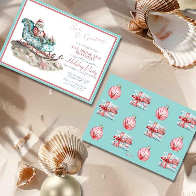 Invitation Carton d'invitation représentant le traîneau de st (Santa’s Chinoiserie Sleigh on the Beach Invitation-front and back)