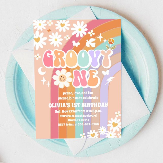 Invitation Carton d'invitation rétro funky pour un premier an (Créateur téléchargé)