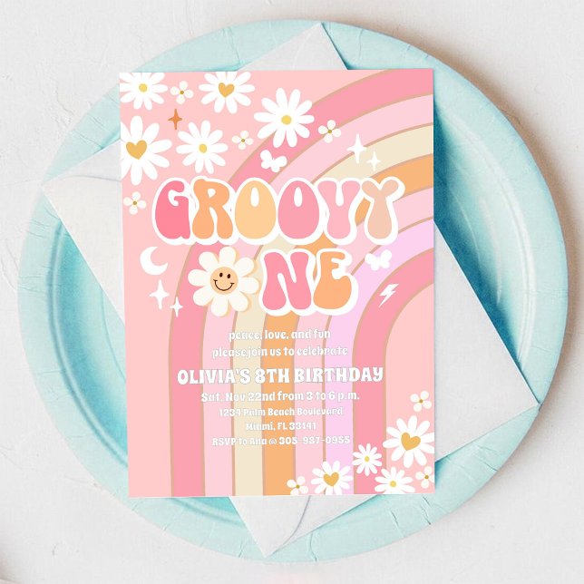 Invitation Carton d'invitation rétro Groovy Daisy pour un ann (Créateur téléchargé)
