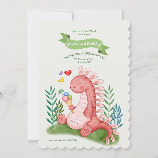 Invitation Carton d'invitation Rose Bébé Dino (Devant)