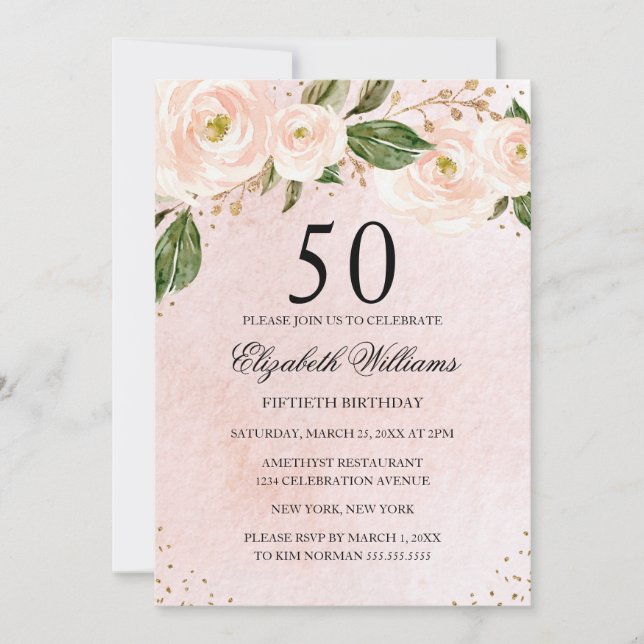 Invitation Carton d'invitation rose doré floral pour 50e anni (Devant)