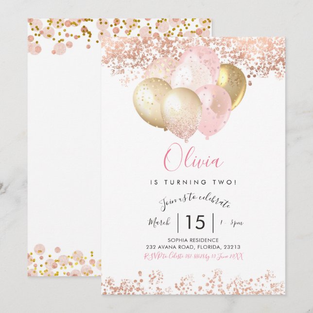 Invitation Carton d'invitation rose et or pour fête d'anniver (Devant / Derrière)