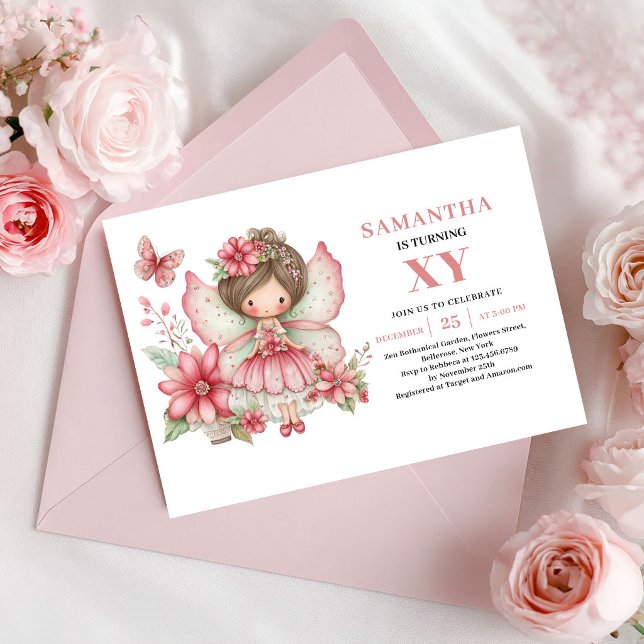 Invitation Carton d'invitation Rose Foncé pour l'anniversaire (Magical Fairy Girl Birthday Blush Pink Invitation)