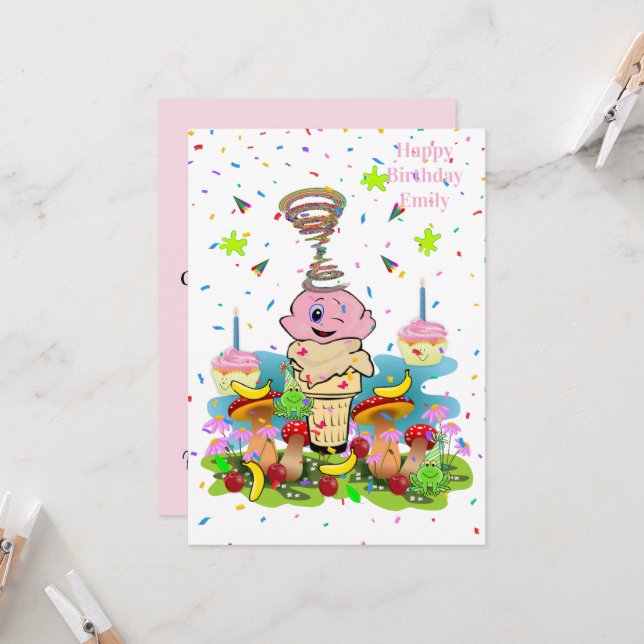 Invitation Carton d'invitation rose FUN Cupcake Joyeux Annive (Devant/Arrière en situation)