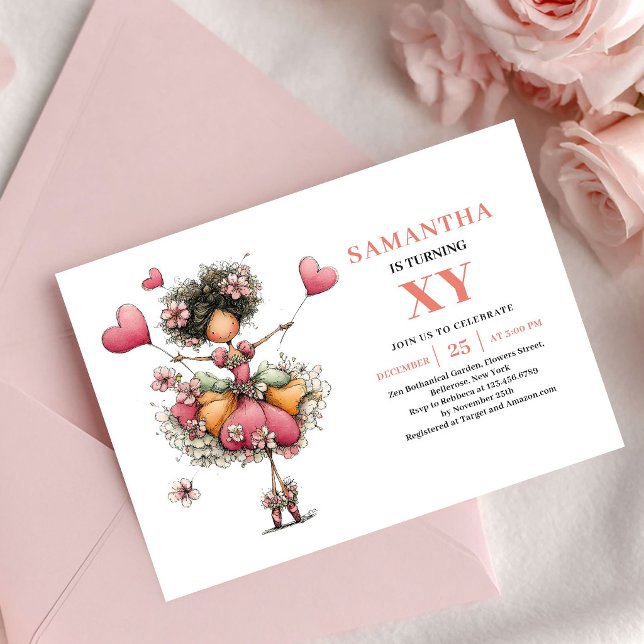 Invitation Carton d'invitation Rose Pâle Anniversaire Fée Lus (Lush Fairy Girl Birthday Blush Pink invitation)