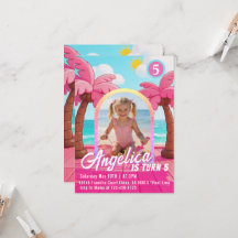 Carton d'invitation rose pour anniversaire de poup