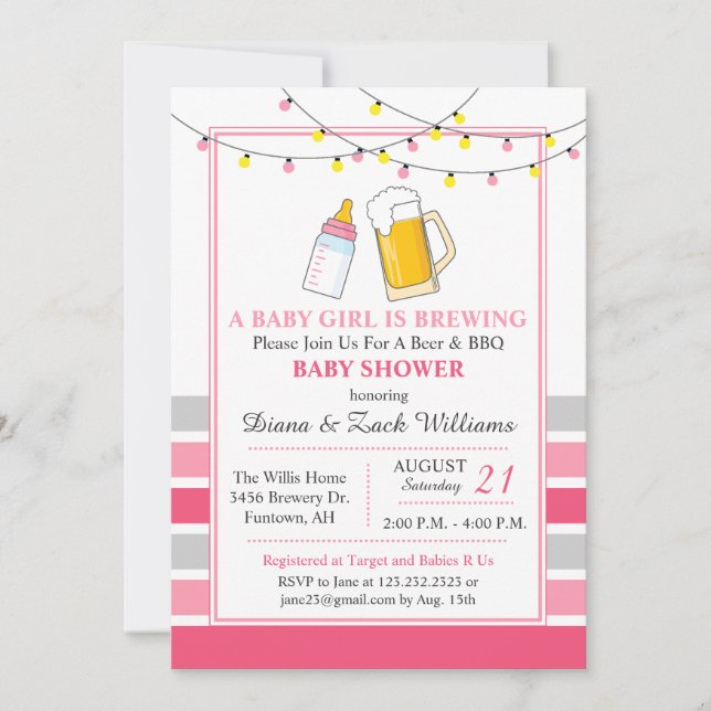 Invitation Carton d'invitation rose pour Baby Shower et Bière (Devant)