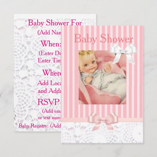 Invitation Carton d'invitation rose pour Baby Shower fille en (Devant / Derrière)