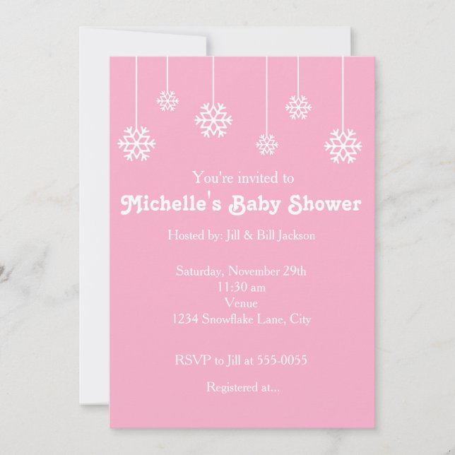 Invitation Carton d'invitation rose pour fête avec flocons de (Devant)