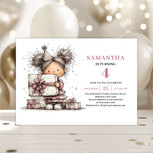 Invitation Carton d'invitation rose pour les 10 ans de Whimsi (Whimsical Kids 10th Birthday Invite Pink Card)