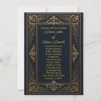Carton d'invitation royal à feuilles noires et dor