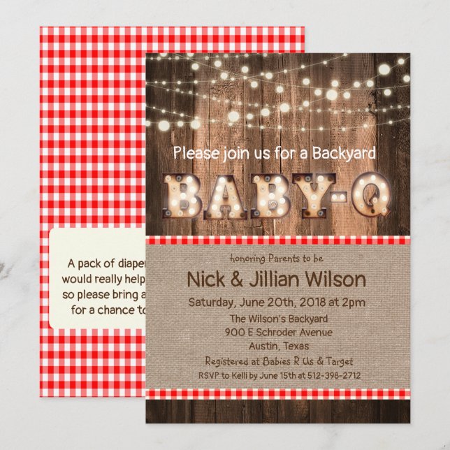 Invitation Carton d'invitation Rustic Baby Q BBQ pour la baby (Devant / Derrière)