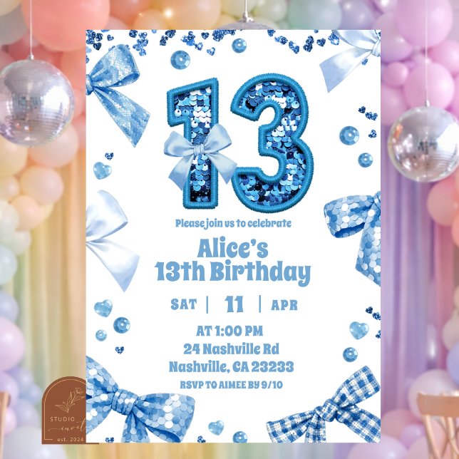 Invitation Carton d'invitation Sequins Bleu 13 Ans Fille (Créateur téléchargé)
