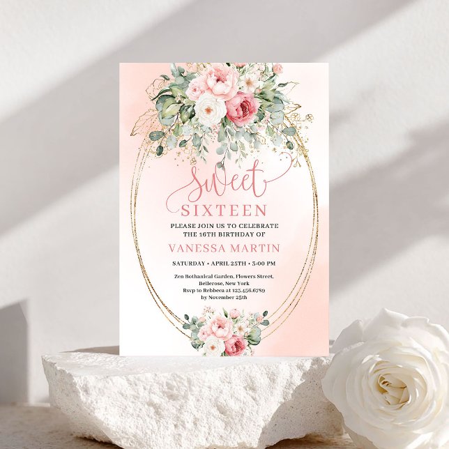 Invitation Carton d'invitation tendance pour une fête de Swee (Trendy Blush Floral Sweet Sixteen Party Invitation)