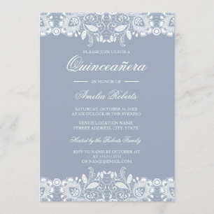 Invitation Carton d'invitation Vintage Blanc en Dentelle Bleu