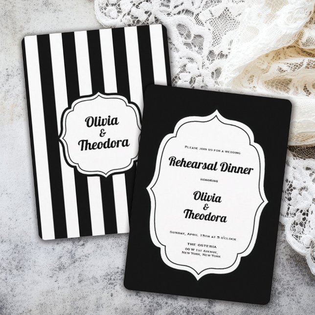 Invitation Carton d'invitation vintage moderne à rayures pour (vintage modern elegant black and white stripe rehearsal dinner invitation. )