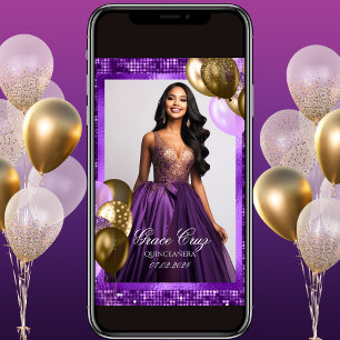 Invitation Carton d'invitation Violet et Or pour Quinceañera