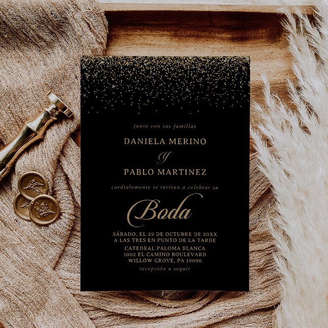 Invitation Carton doré calligraphié pour mariage espagnol (Créateur téléchargé)