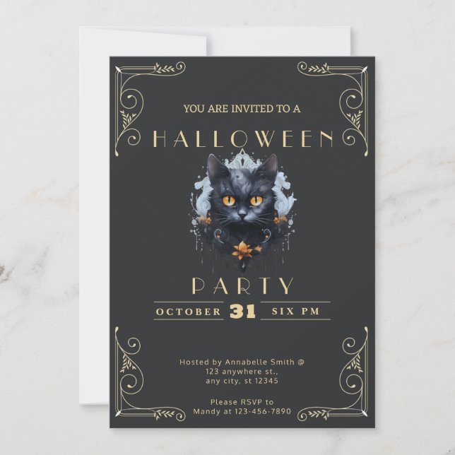 Invitation Carton noir et or Chat noir Halloween (Devant)