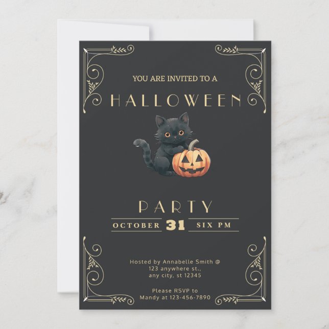 Invitation Carton noir et or Chat noir Halloween (Devant)