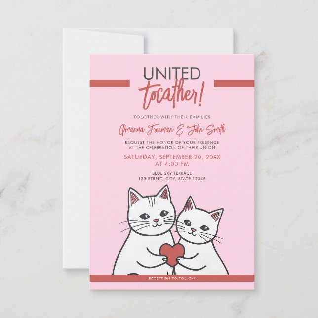 Invitation Carton Rouge et blanc Mariage Whimsical Cats (Devant)