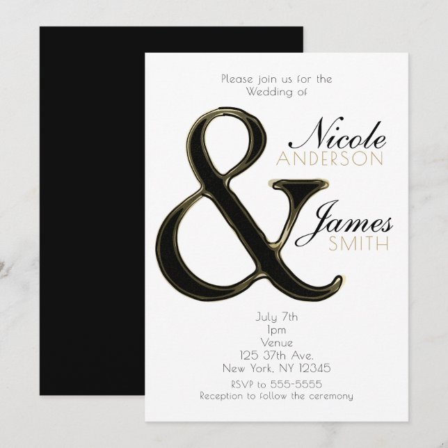 Invitation Cartons de mariage chic en noir et or avec esperlu (Devant / Derrière)