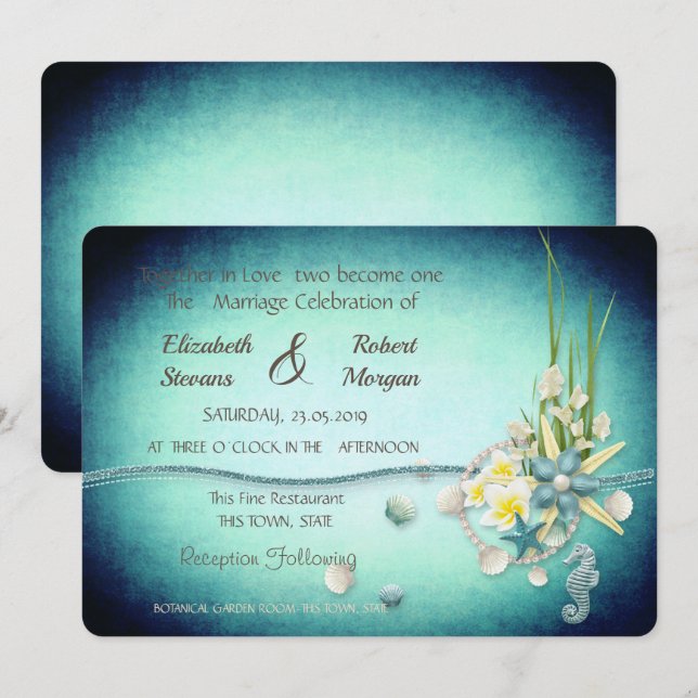 Invitation Cartons de mariage Coquillages,Fleurs (Devant / Derrière)