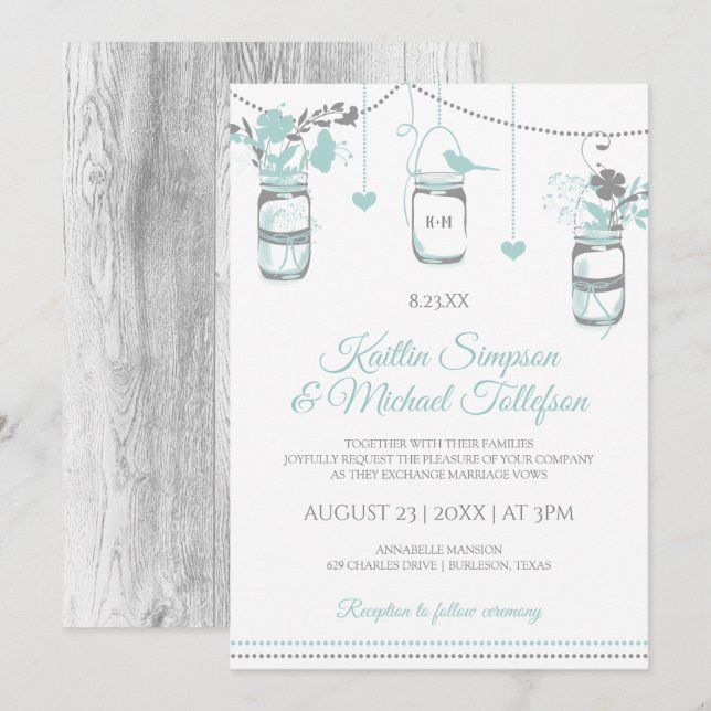 Invitation Cartons de mariage en bois Mason Jar Turquoise cla (Devant / Derrière)