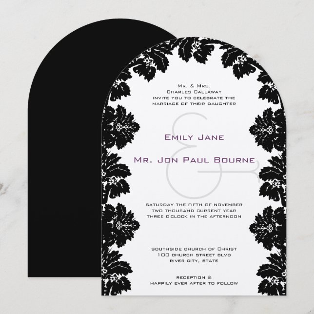 Invitation Cartons de mariage en damas noir (Devant / Derrière)