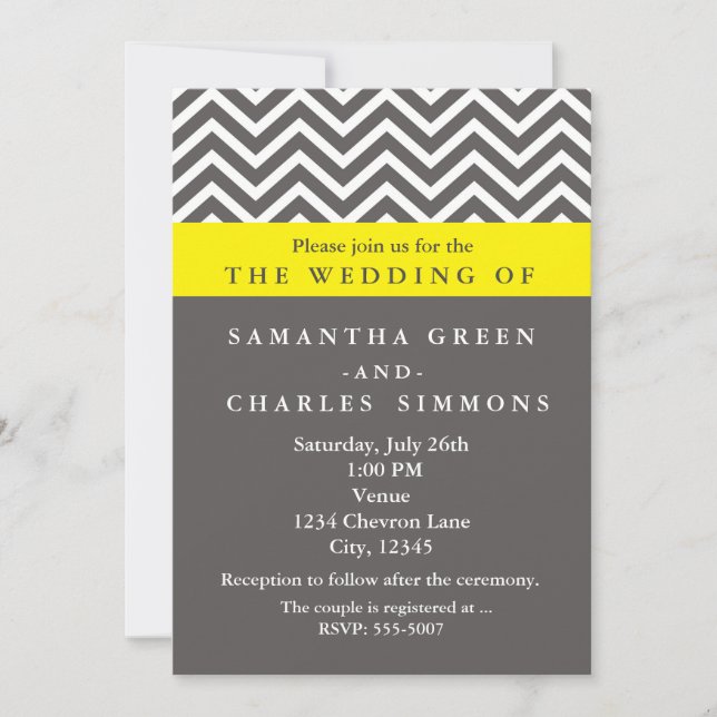 Invitation Cartons de mariage gris et jaune chevron modernes (Devant)