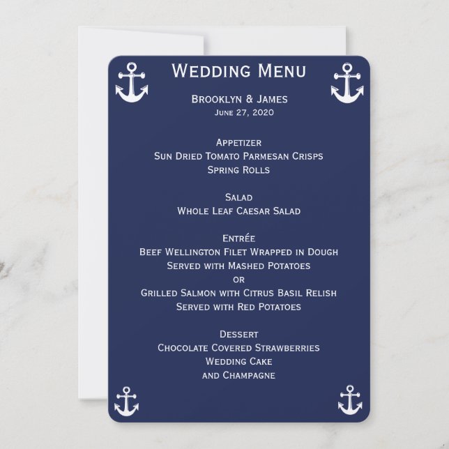 Invitation Cartons de menu de mariage nautique bleu marine pe (Devant)