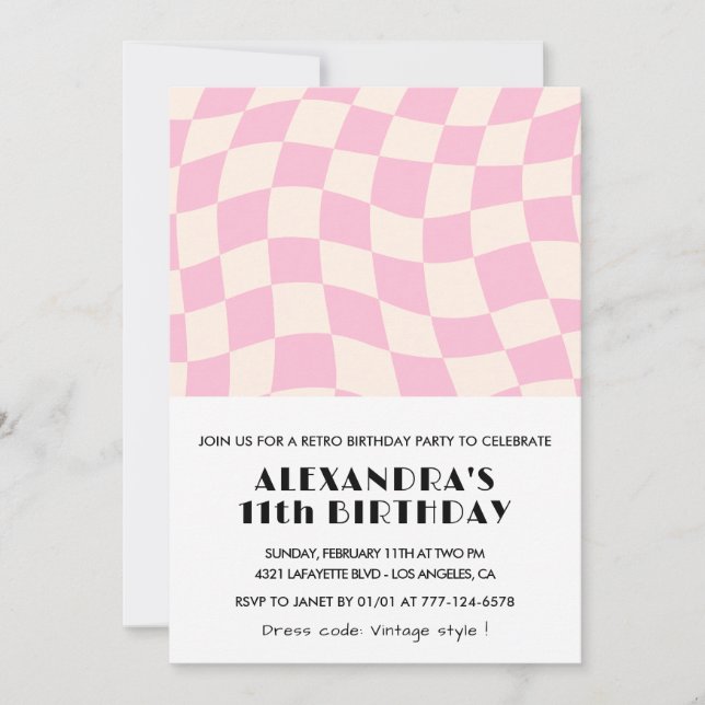 Invitation Cartons d'invitation 11e anniversaire Damier Rose  (Devant)