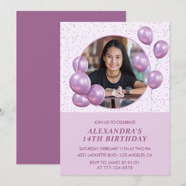 Invitation Cartons d'invitation 14 ans Ballons Photo Violet (Devant / Derrière)
