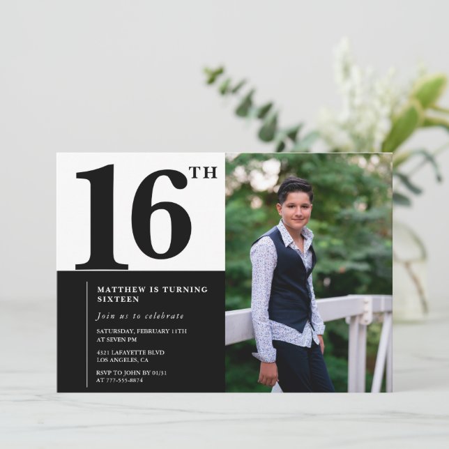 Invitation Cartons d'invitation 16 ans noirs Élégant Chic (Debout devant)