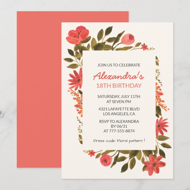 Invitation Cartons d'invitation 18 ans Floral Boho Élégant (Devant / Derrière)