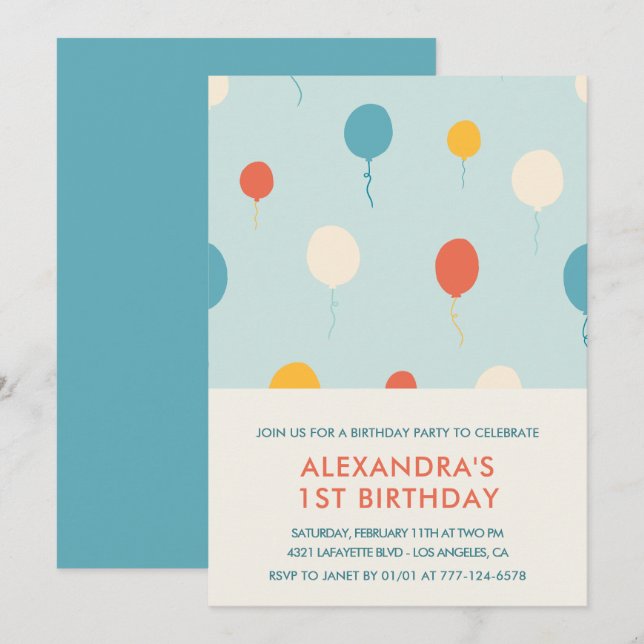 Invitation Cartons d'invitation 1er anniversaire Ballons Mode (Devant / Derrière)