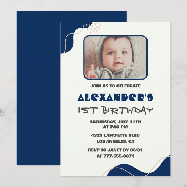 Invitation Cartons d'invitation 1er anniversaire Garçon Navy  (Devant / Derrière)