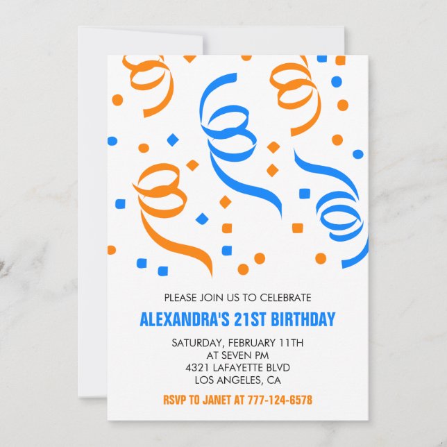 Invitation Cartons d'invitation 21 ans Confettis Orange Bleu (Devant)