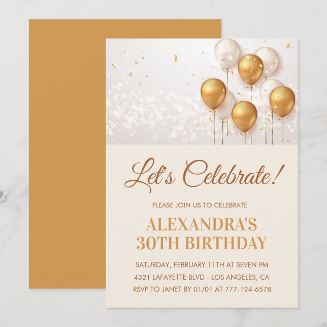 Invitation Cartons d'invitation 30 ans Ballons Or (Devant / Derrière)