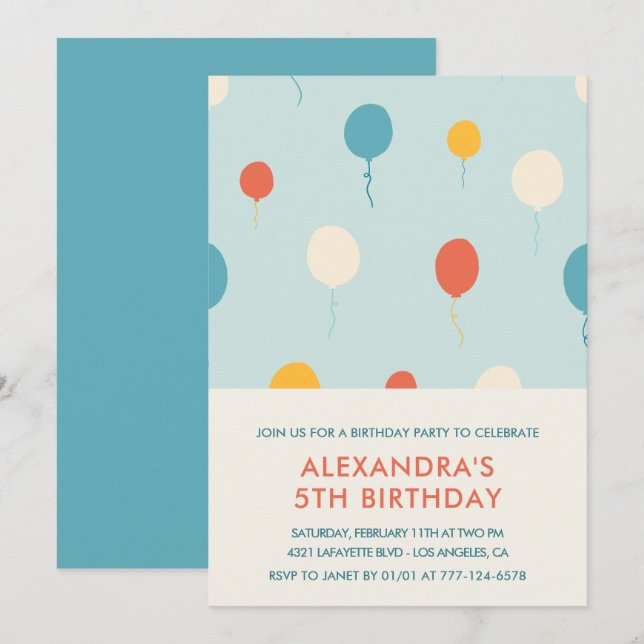 Invitation Cartons d'invitation 5ème anniversaire Ballons Mod (Devant / Derrière)