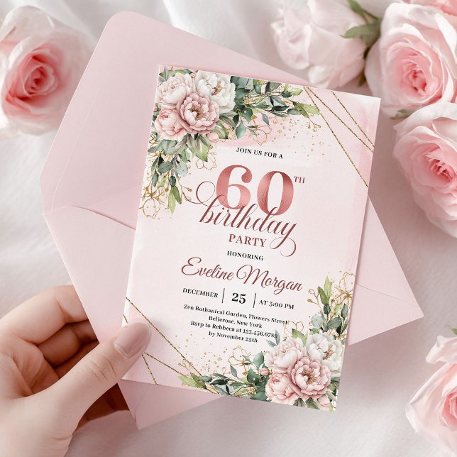 Invitation Cartons d'invitation 60 ans Fleurs Rose Gold Rose  (Blush Pink Rose Gold Floral 60th Birthday Invitation)