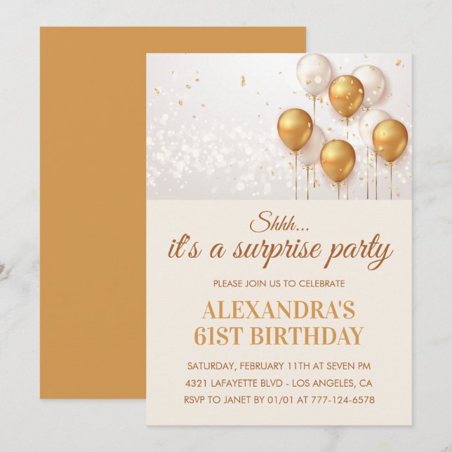 Invitation Cartons d'invitation 61e anniversaire ballons or s (Devant / Derrière)