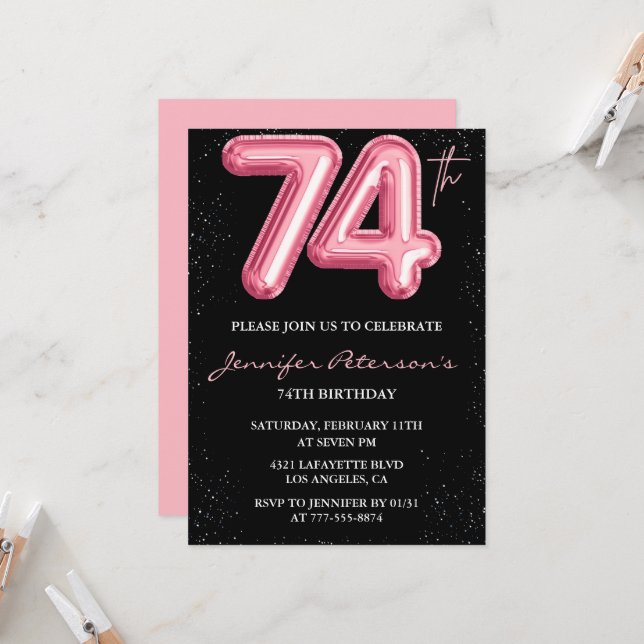 Invitation Cartons d'invitation 74e anniversaire Black Pink B (Devant/Arrière en situation)
