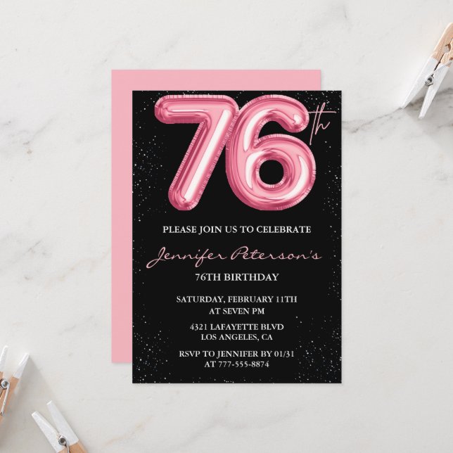 Invitation Cartons d'invitation 76e anniversaire Black Pink B (Devant/Arrière en situation)