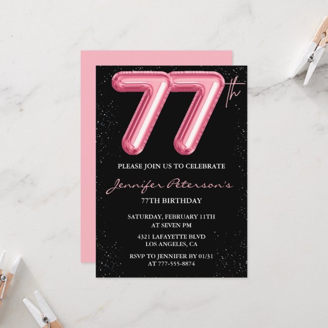 Invitation Cartons d'invitation 77e anniversaire Black Pink B (Devant/Arrière en situation)