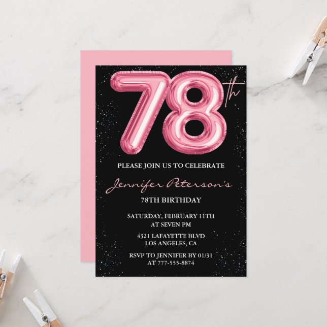 Invitation Cartons d'invitation 78ème anniversaire Black Pink (Devant/Arrière en situation)