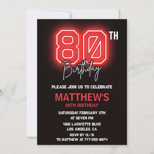 Invitation Cartons d'invitation 80 ans Hommes Neon Noir (Devant)